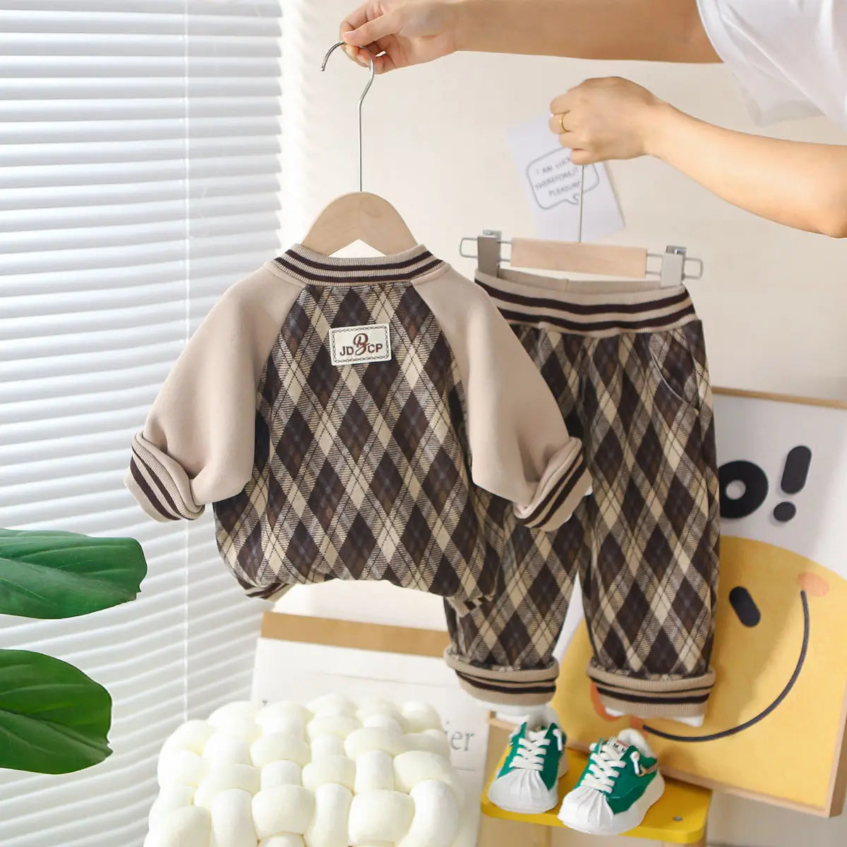 Boys Khaki Checked Regular Sweatshirt With Trouser Sets 2 pc. Sets