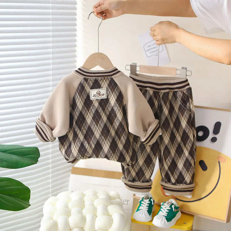 Boys Khaki Checked Regular Sweatshirt With Trouser Sets 2 pc. Sets