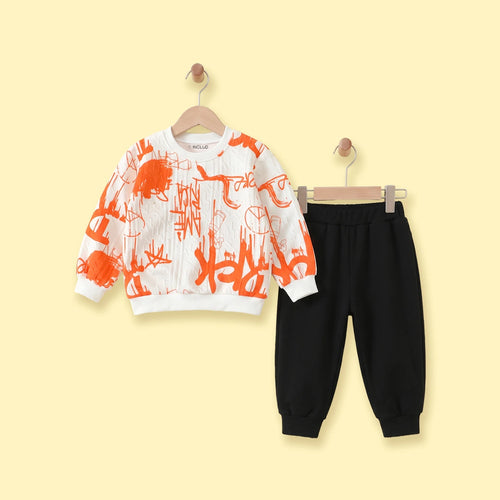 Boys Orange Abstract Printed Sweatshirt With Joggers Sets Sets Orange 1-2 Y