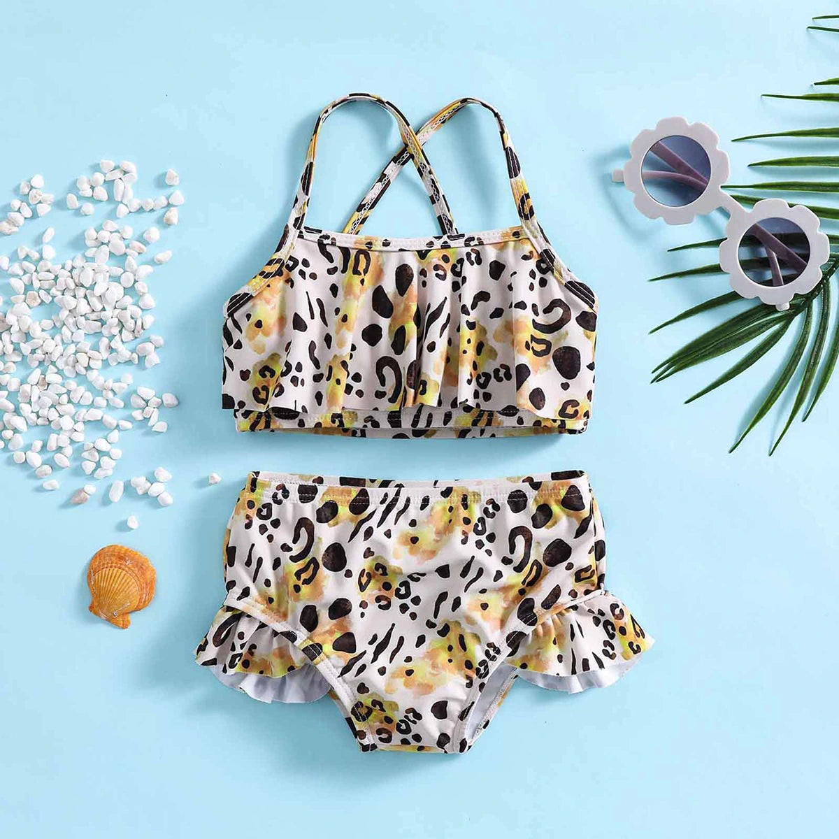 Girls Yellow Leopard Print Top With Briefs Swimwear Sets Sets Yellow 1-2 Y