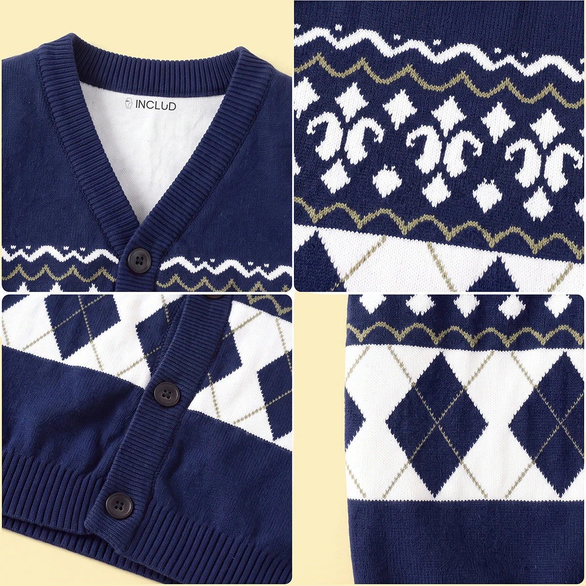 Girls Navy Blue Self-Design Argyle Pattern Button-up Cardigan Sweaters & Cardigans