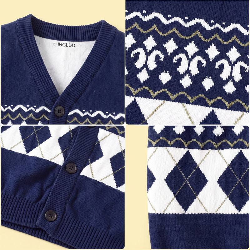 Girls Navy Blue Self-Design Argyle Pattern Button-up Cardigan Sweaters & Cardigans