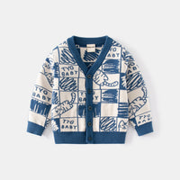 Boys Blue Cardigan With Self Design Cat Ptterns Sweaters & Cardigans