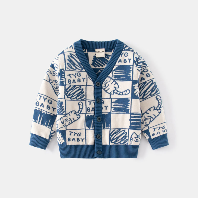 Boys Blue Cardigan With Self Design Cat Ptterns Sweaters & Cardigans