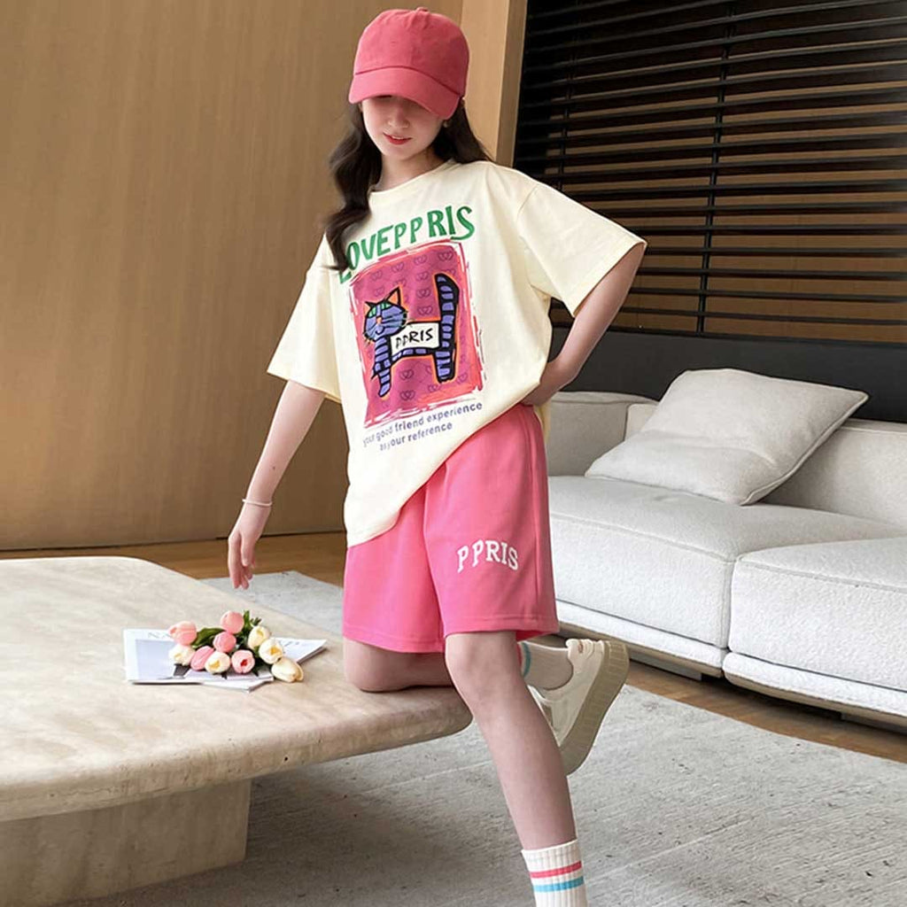 Girls Graphic Print T-Shirt With Shorts Set Sets   