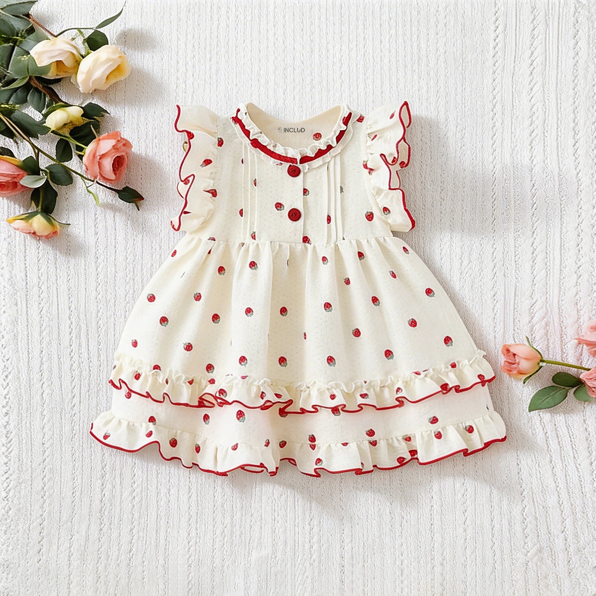 Girls Off White Strawberry Print Ruffle Fit & Flare Dress Casual Dresses Off White 1-2 Y