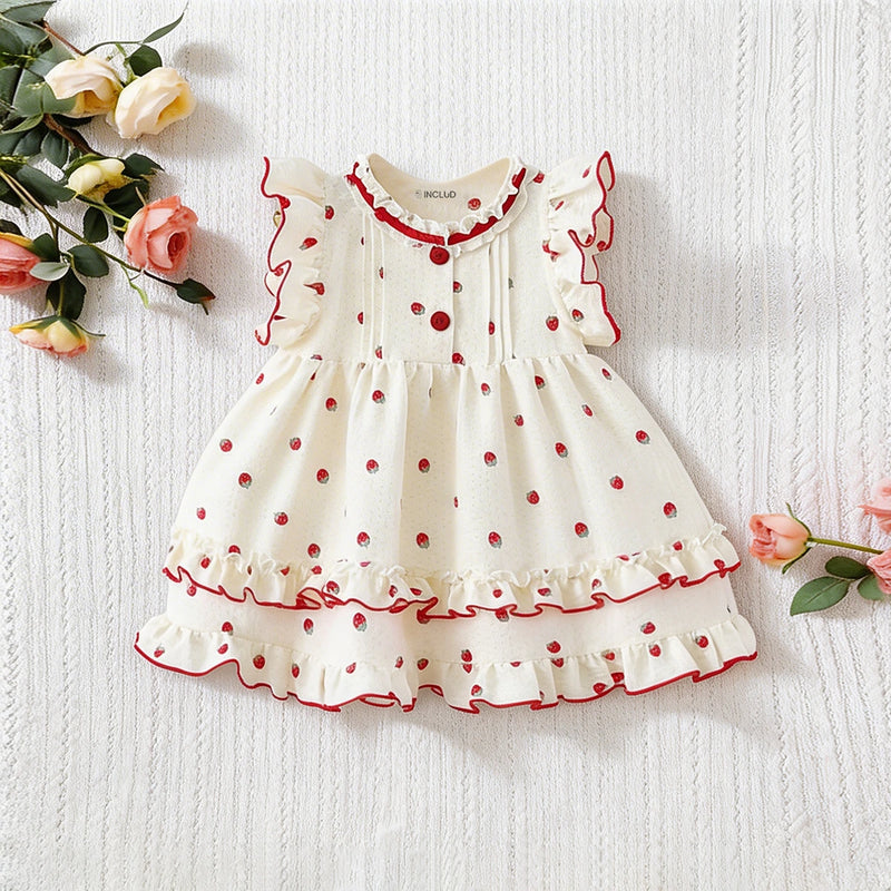 Girls Off White Strawberry Print Ruffle Fit & Flare Dress Casual Dresses Off White 1-2 Y