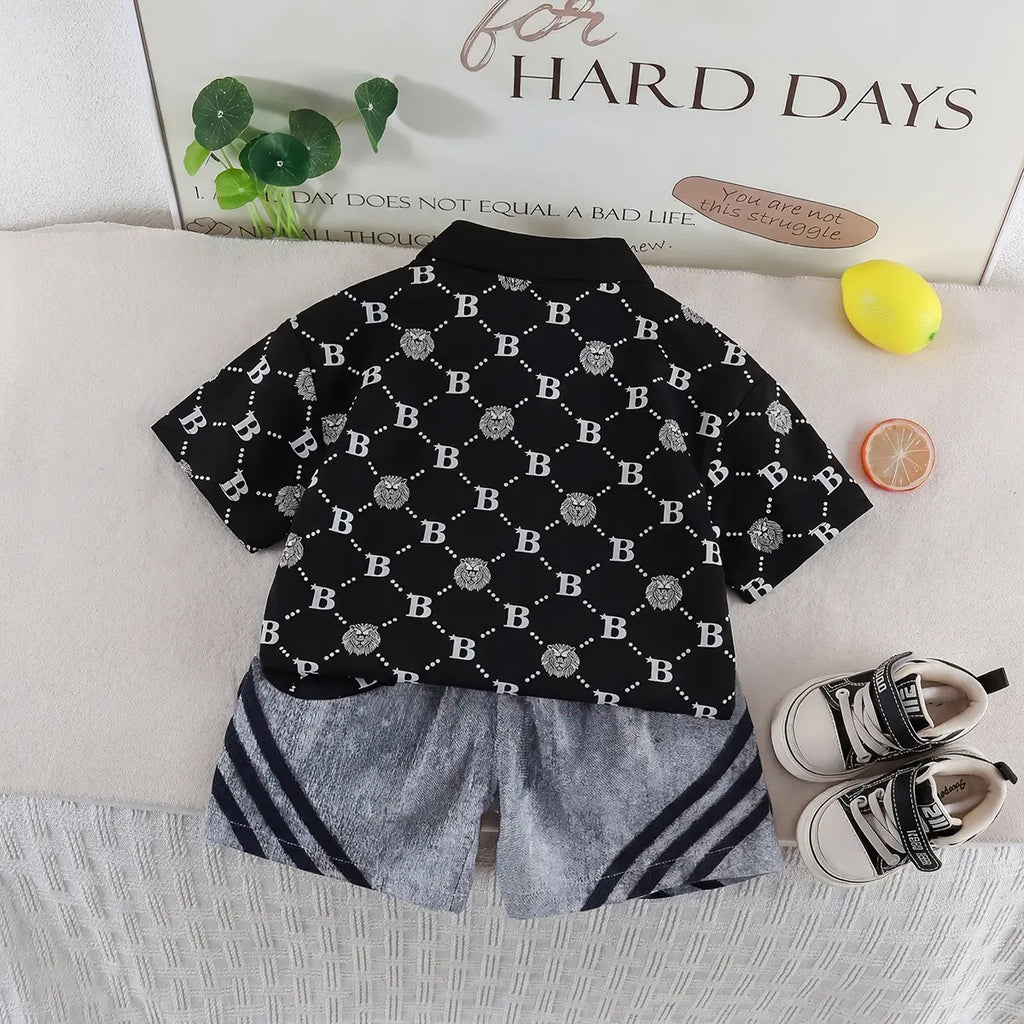 Boys Black Lion Printed Short Sleeve Polo T-Shirt With Denim Shorts Sets 2 pc. Sets