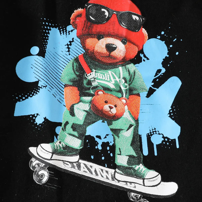Boys Black Graphics Short Sleeves T-Shirt With Denim Pants Set Sets