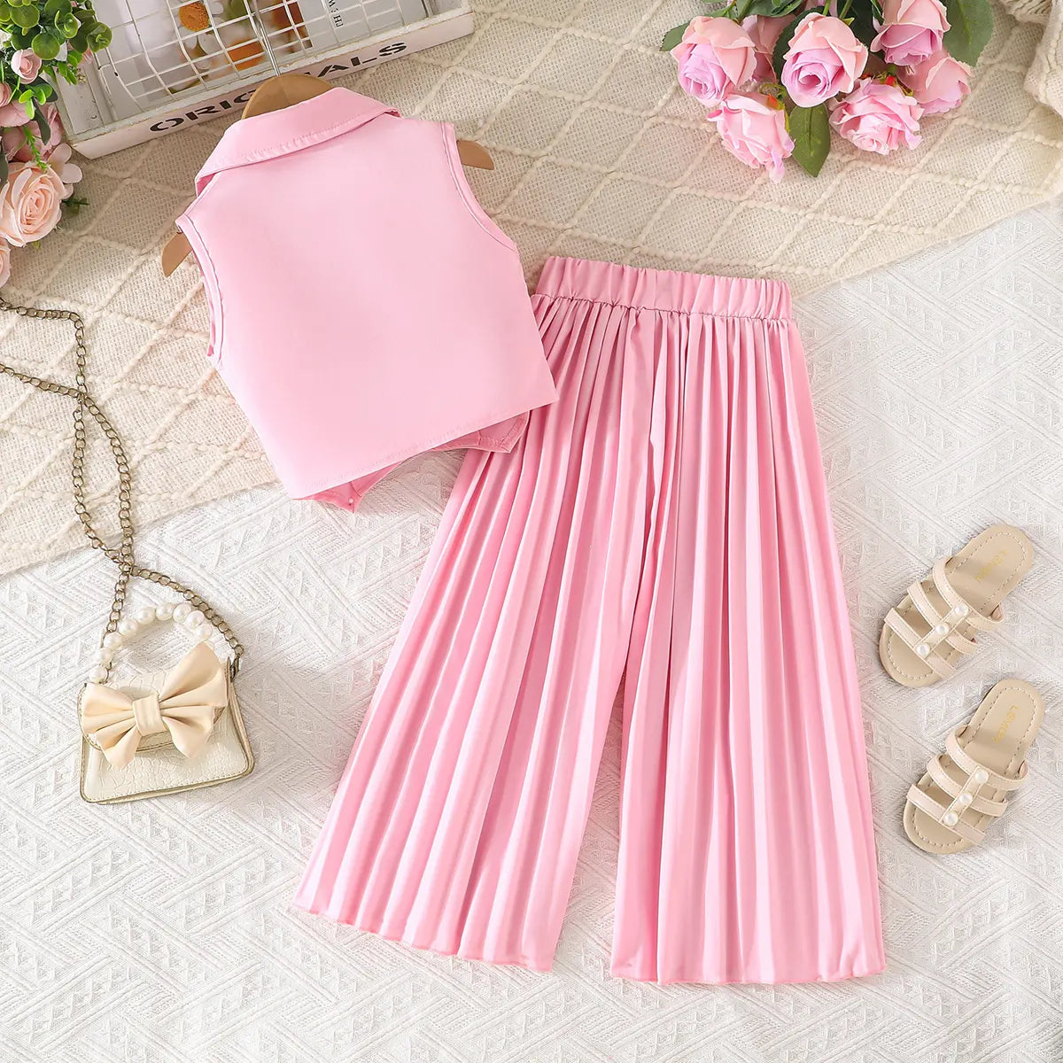 Girls Pink Sleeveless Blazer Top With Pleated Flared Pant Co-ord Sets Sets