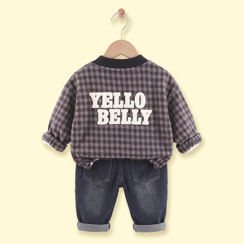 Boys Grey Checked Jacket With T-Shirt And Denim Pants Sets 3 pc. Sets