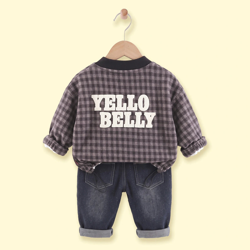 Boys Grey Checked Jacket With T-Shirt And Denim Pants Sets 3 pc. Sets