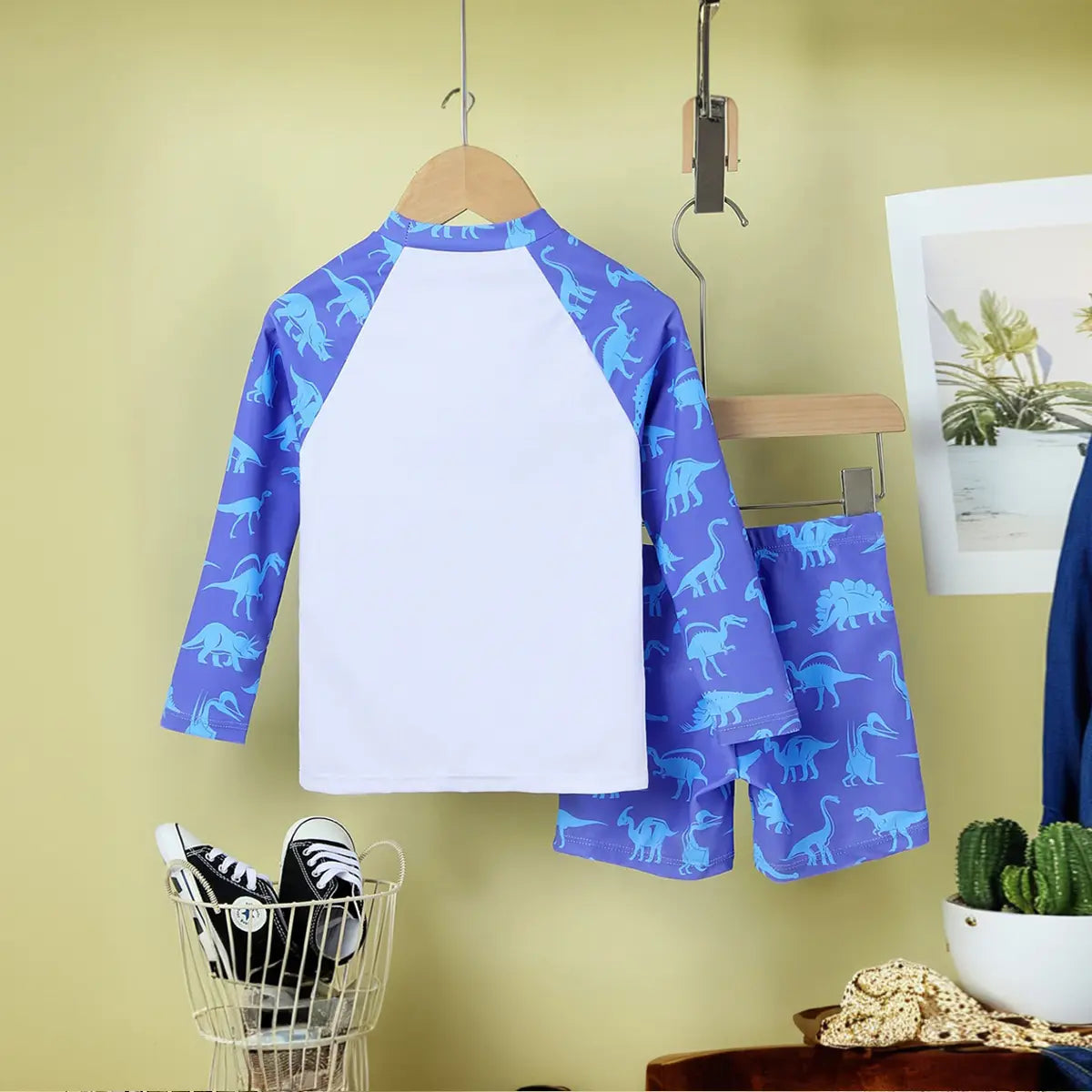 Boys Blue Dinosaur Printed Long Sleeves T-Shirt & Shorts Swimsuit Sets Sets