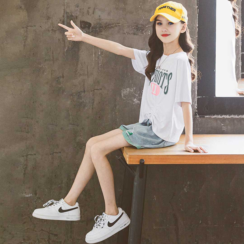 Girls Short Sleeve Print Graphic T-Shirt With Denim Shorts Set 2 pc. Sets   