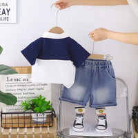 Boys Blue Embroidered Short Sleeves Polo T-Shirt With Denim Shorts Set Sets