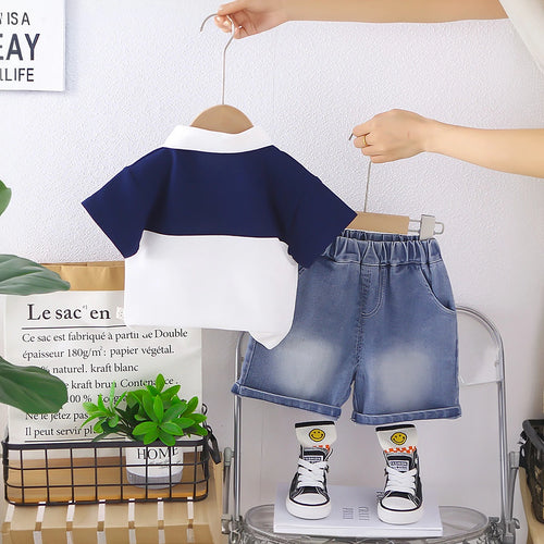 Boys Blue Embroidered Short Sleeves Polo T-Shirt With Denim Shorts Set Sets