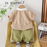 Boys Brown Dinosaur Applique Polo T-Shirt With Shorts Set Sets