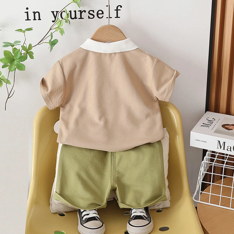Boys Brown Dinosaur Applique Polo T-Shirt With Shorts Set Sets