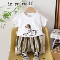 Boys White Zebra Printed T-Shirt With Stripes Shorts Set Sets White 1-2 Y