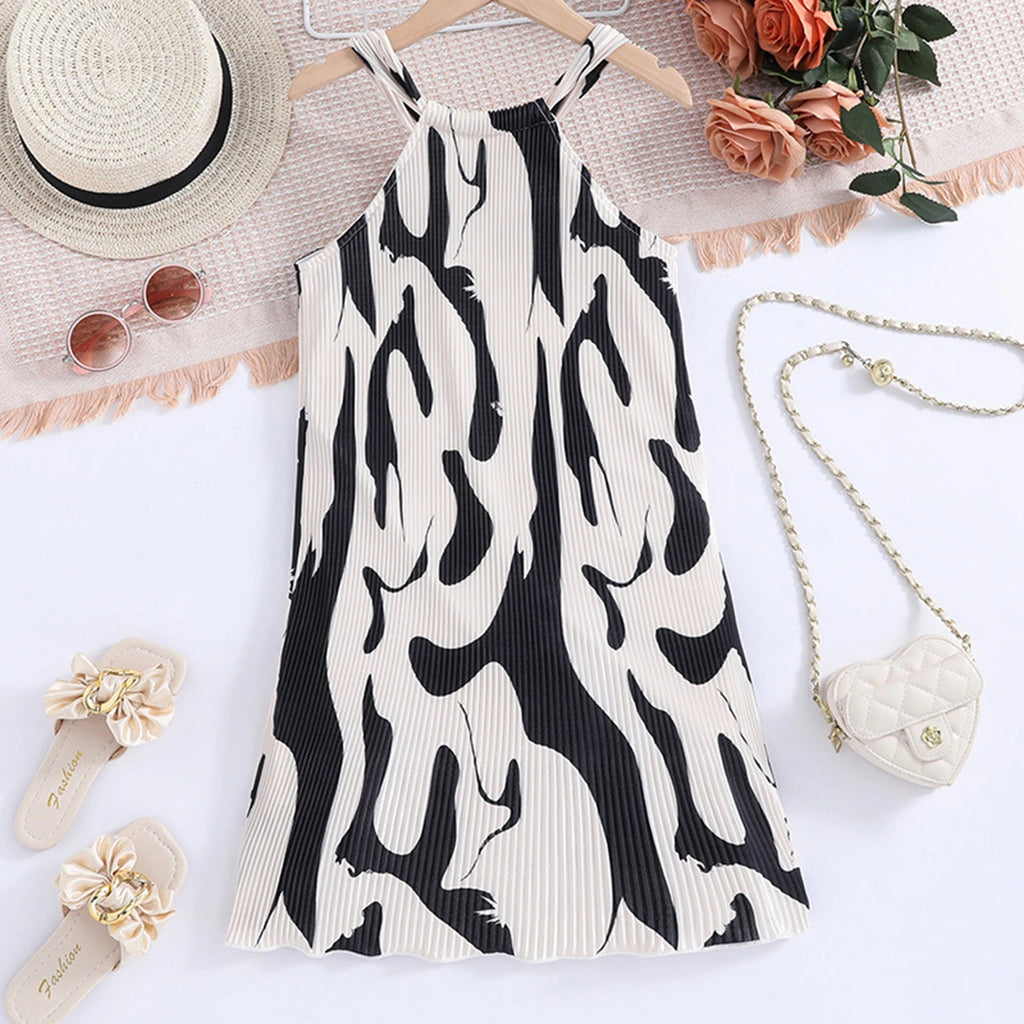 Girls Black Abstract Print Pleated Sleeveless Dress Casual Dresses