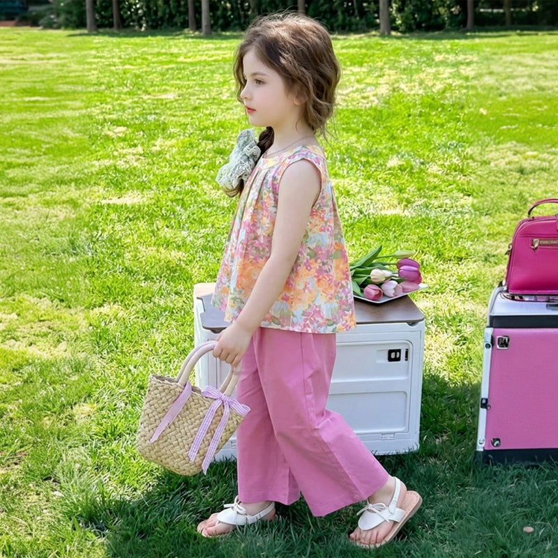 Girls Pink Floral Print Sleeveless Top With Wide-Leg pants Sets Sets