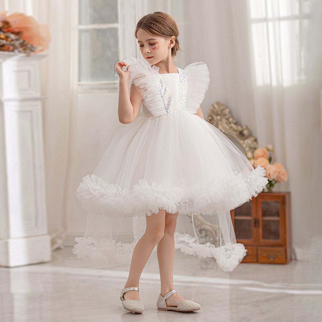Girls White Ruffle Tulle Mullet Dress with Statement Back Bow Party Dresses