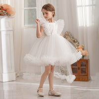 Girls White Ruffle Tulle Mullet Dress with Statement Back Bow Party Dresses