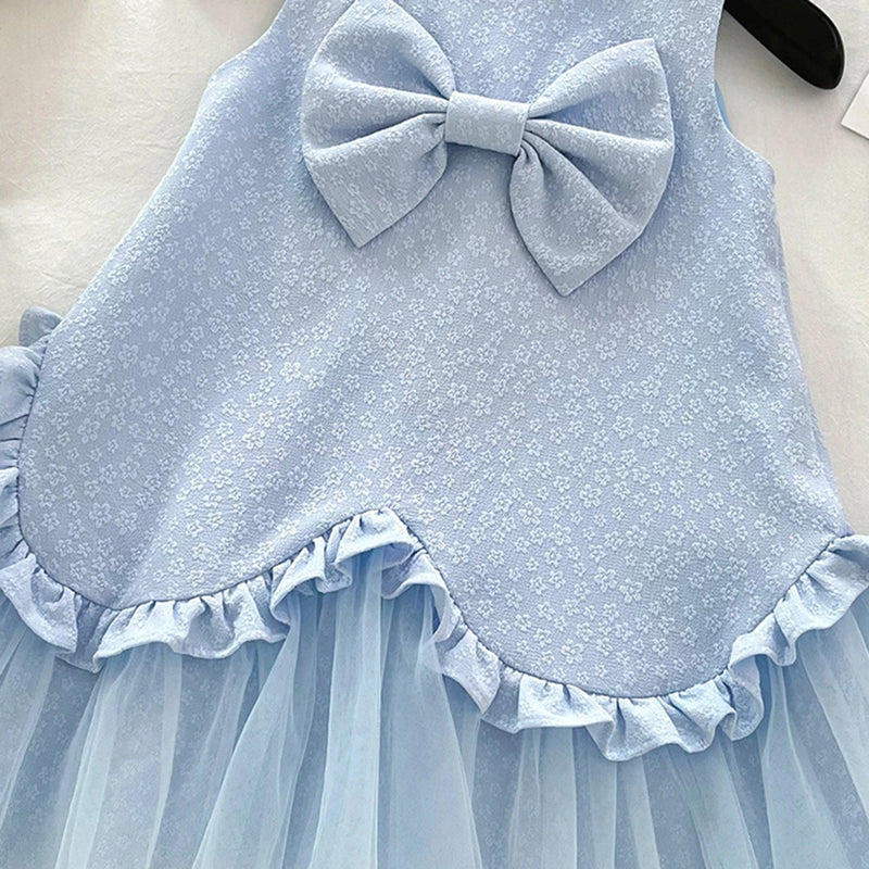 Girls Light Blue Bow Applique Sleeveless A-line Dress Casual Dresses