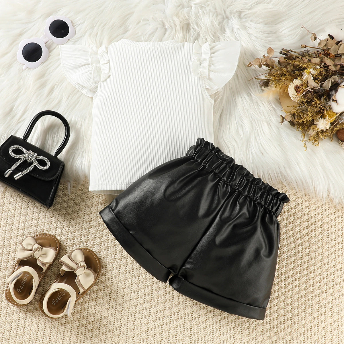 Girls White Ribbed Flutter Sleeve Top With Faux Leather Shorts Sets 2 pc. Sets