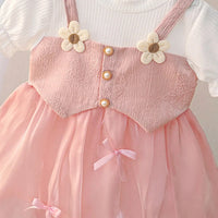 Girls Light Pink Flower Applique Mock Vest Balloon Dress Casual Dresses