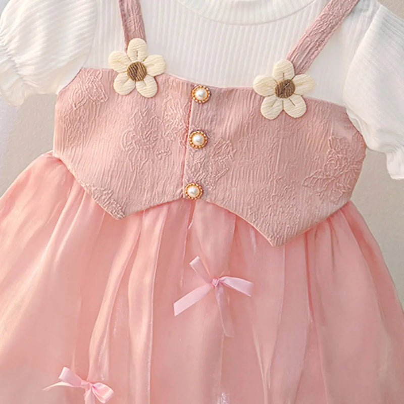 Girls Light Pink Flower Applique Mock Vest Balloon Dress Casual Dresses