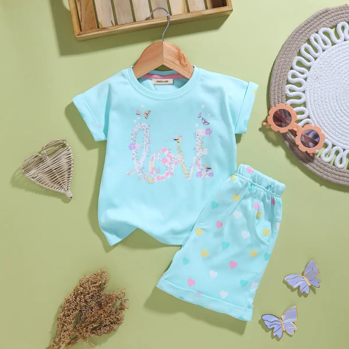Girls Sky Blue Typographic Printed Short Sleeves T-Shirt With Shorts Sets Sets Sky Blue 9-12 M