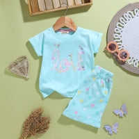 Girls Sky Blue Typographic Printed Short Sleeves T-Shirt With Shorts Sets Sets Sky Blue 9-12 M