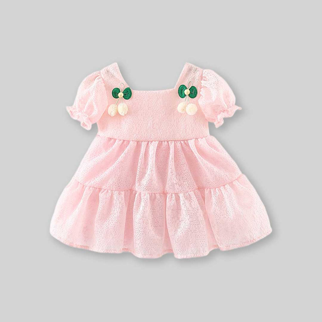 Girls Puff Sleeve Cherry Lace Embroidery Dress Casual Dresses Pink 1-2 Y 