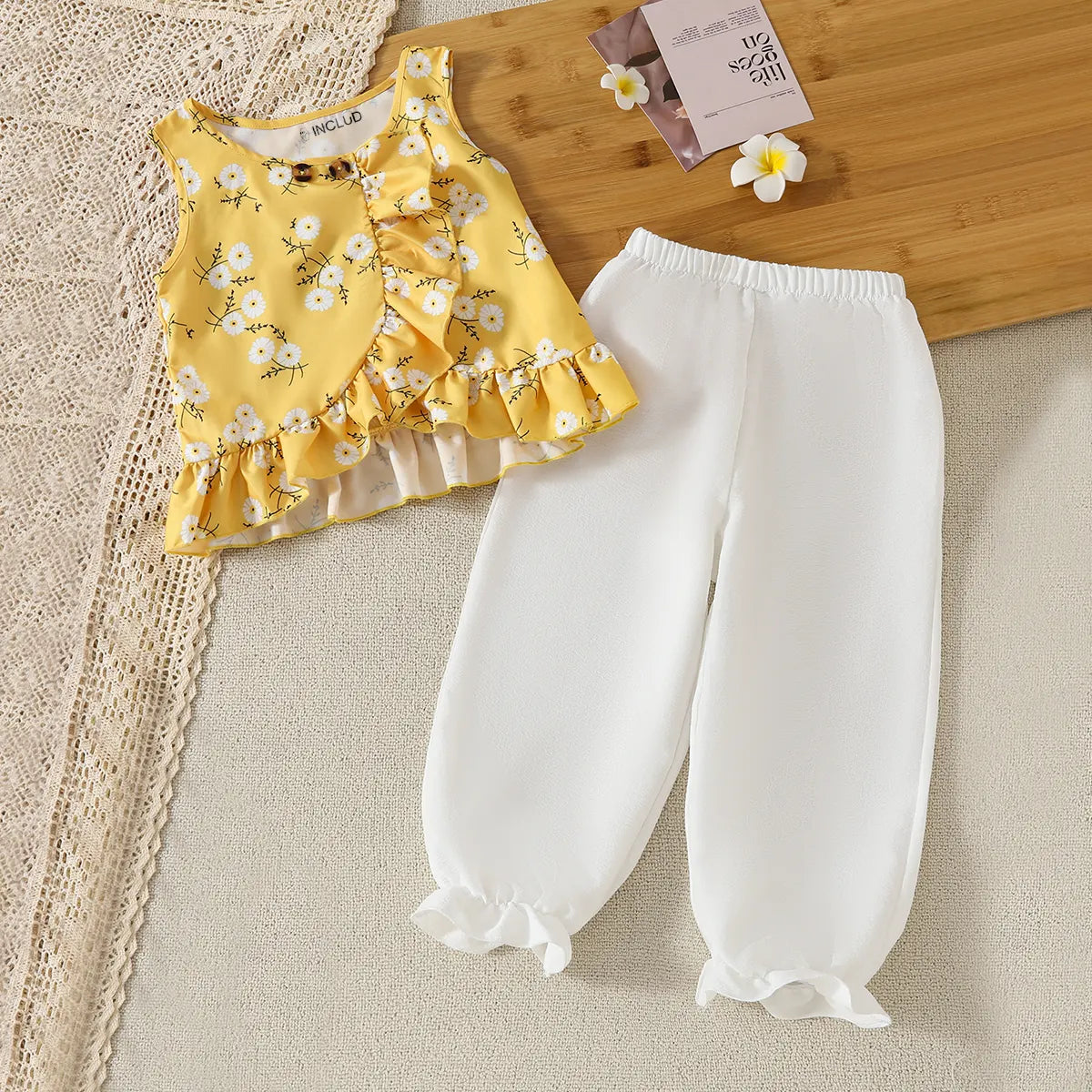 Girls Yellow Floral Ruffle Top With Pants Sets Sets Yellow 3-4 Y