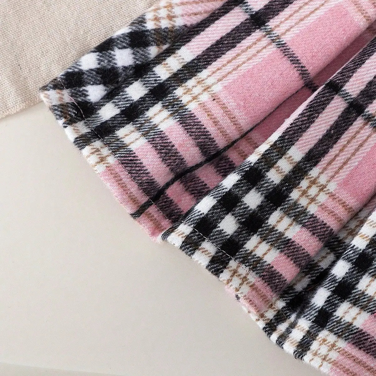 Girls Pink Heart Applique Vest With Shirt & Checked Skirt Sets Sets