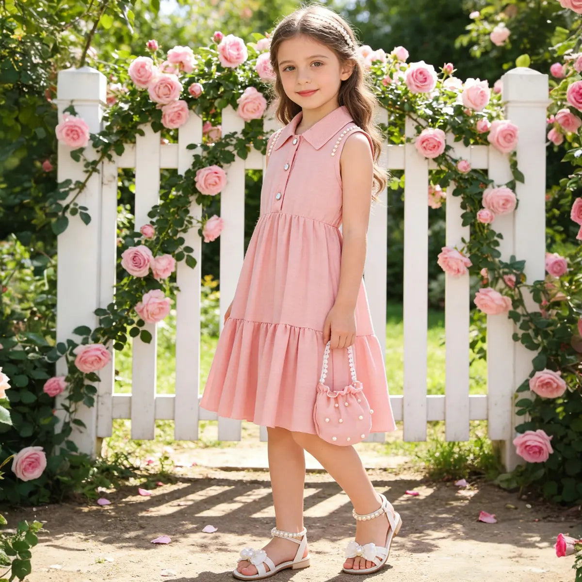 Girls Pink Sleeveless Fit & Flare Dress With Pearl Detailing Casual Dresses