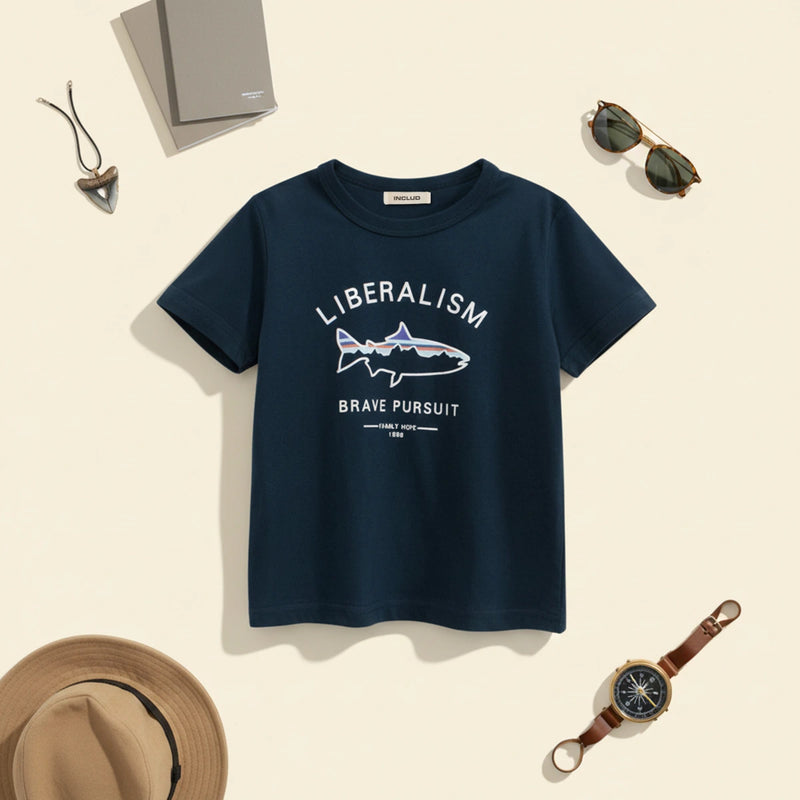 Boys Navy Blue Typographic Printed Short Sleeves T-Shirt Tshirts Navy Blue 1-2 Y