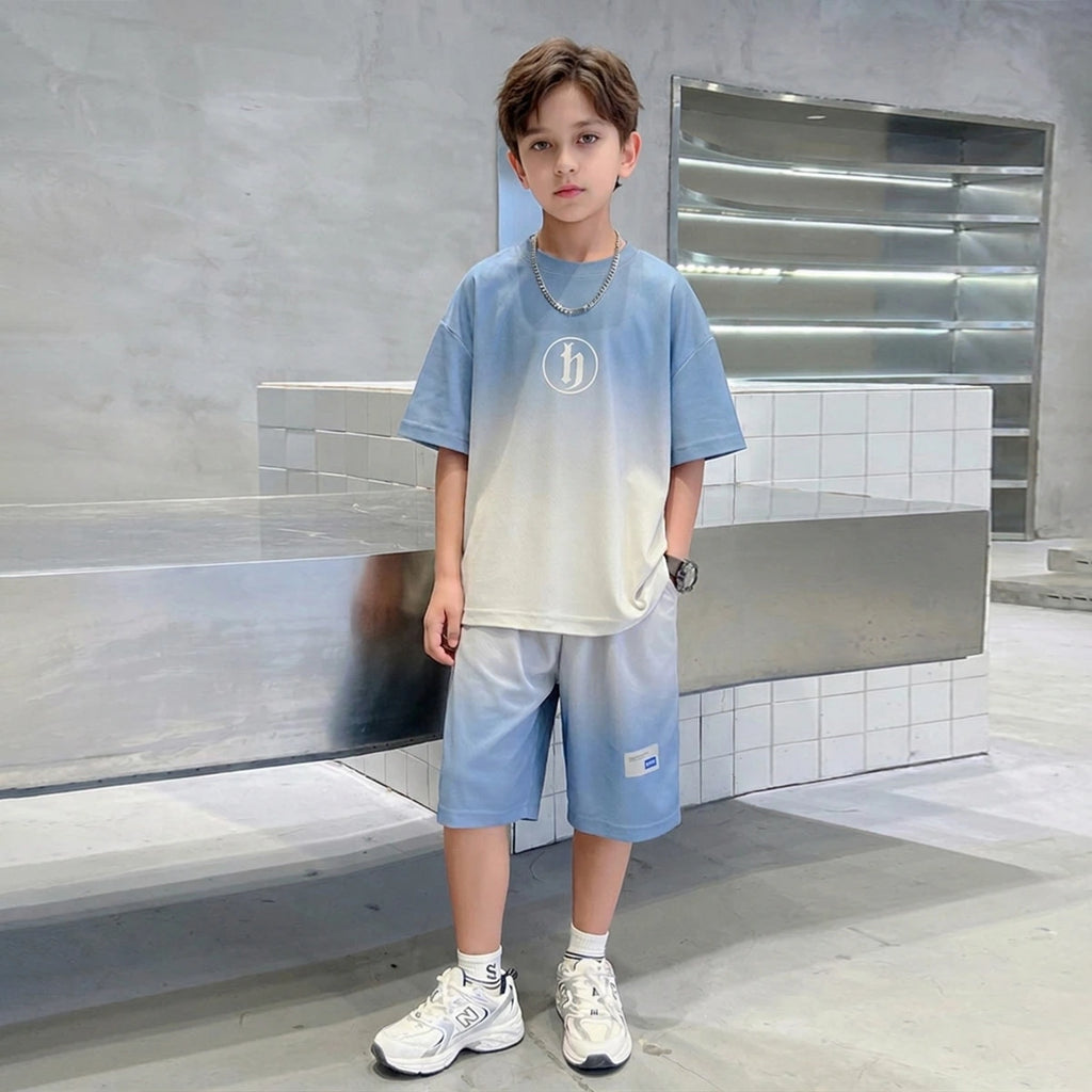 Boys Blue Ombre Printed Short Sleeve T-Shirt With Elasticated Shorts Sets Sets Blue 5-6 Y