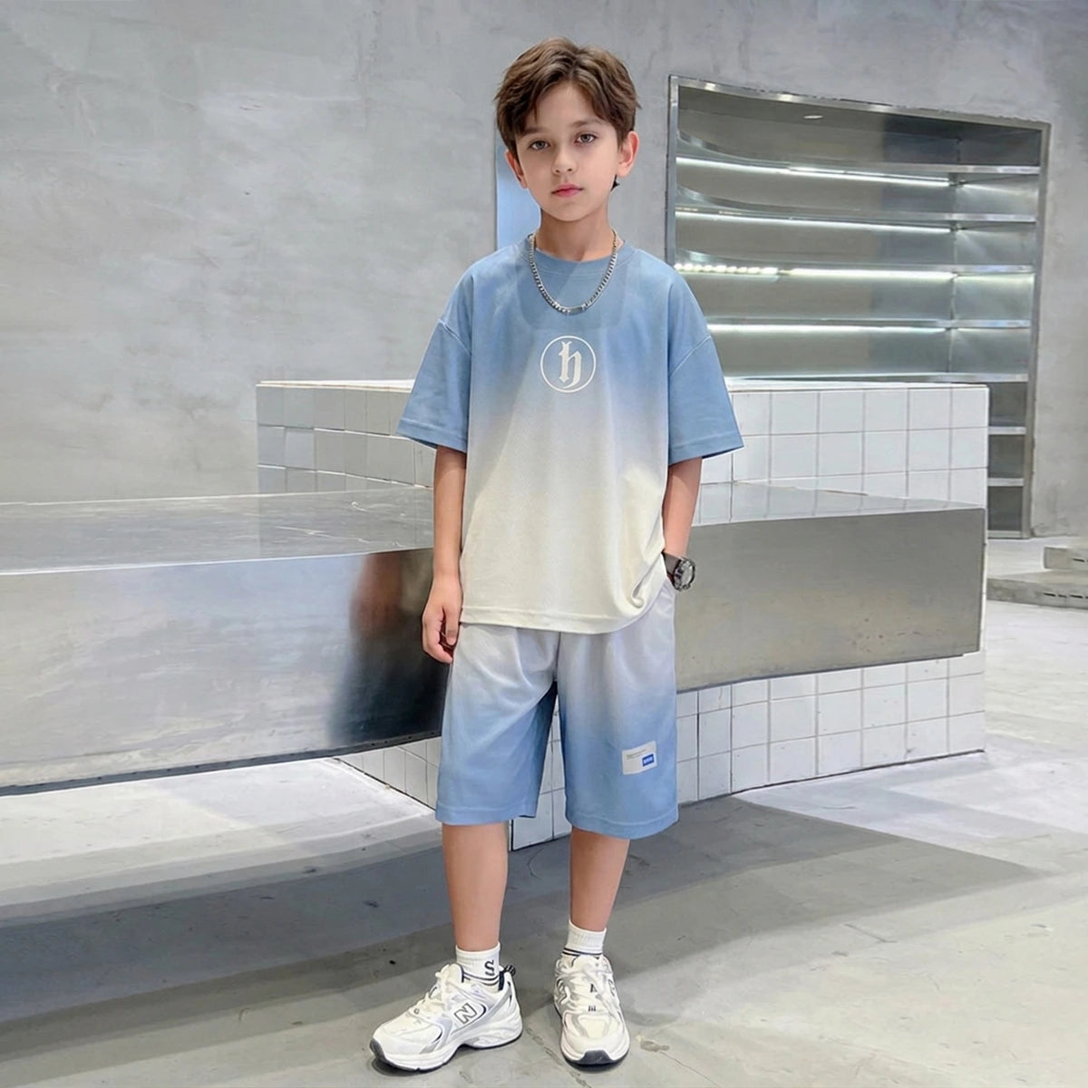 Boys Blue Ombre Printed Short Sleeve T-Shirt With Elasticated Shorts Sets Sets Blue 5-6 Y