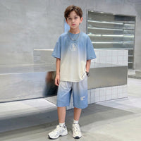 Boys Blue Ombre Printed Short Sleeve T-Shirt With Elasticated Shorts Sets Sets Blue 5-6 Y