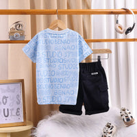 Boys Blue Typographic Printed T-Shirt With Twill Shorts Sets 2 pc. Sets