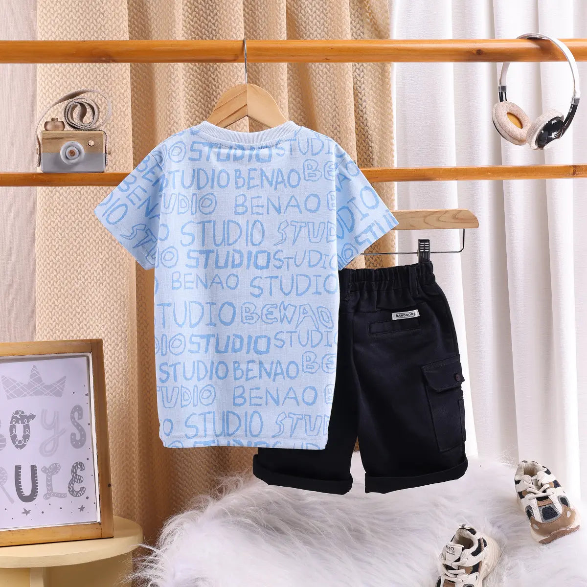 Boys Blue Typographic Printed T-Shirt With Twill Shorts Sets 2 pc. Sets