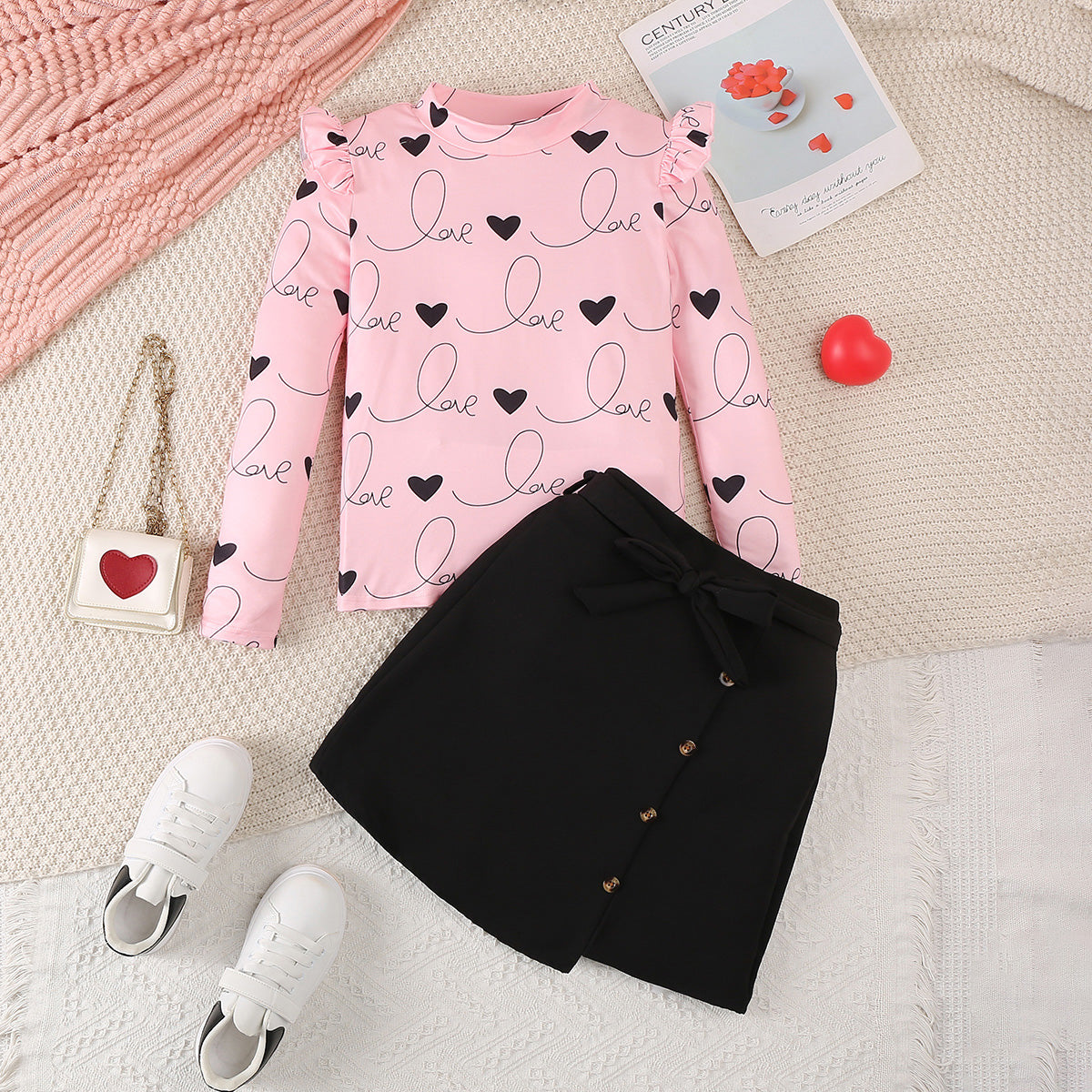 Girls Light Pink Heart Print Long Sleeves Top With Skirt Set 2 pc. Sets Light Pink 7-8 Y