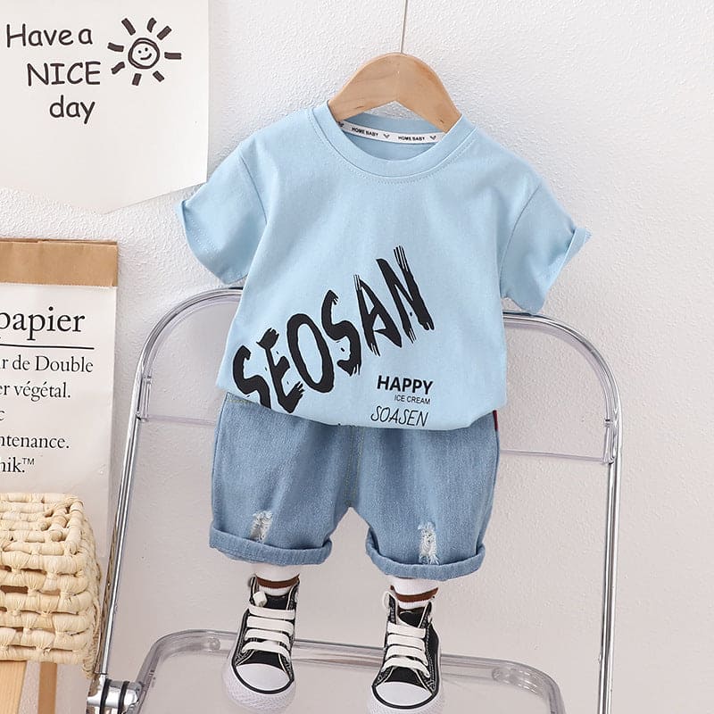 Boys Light Blue Graphic Printed Tshirt with Denim Shorts Sets Light Blue 1-2 Y 