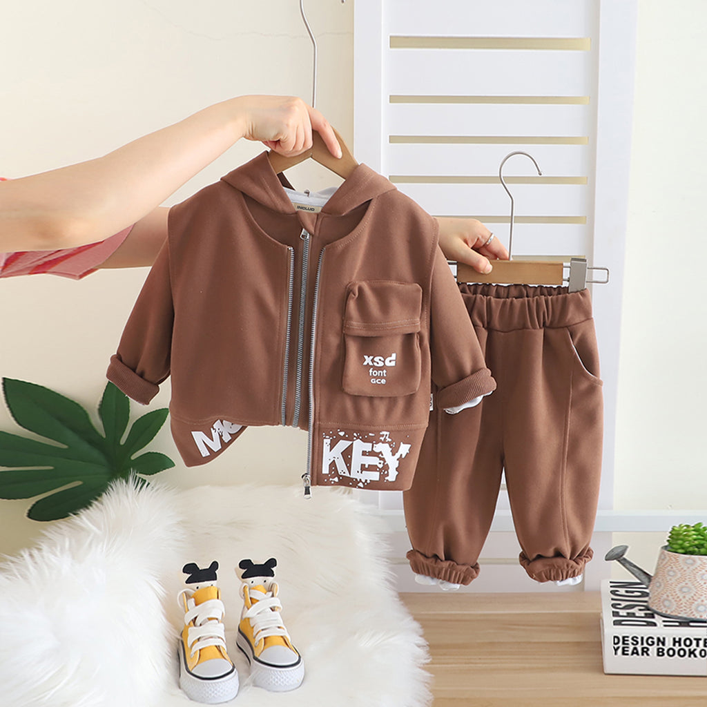 Boys Brown Typographic Printed Hooded Sweatshirt With Sleeveless Jacket & Joggers Set Sets Brown 1-2 Y