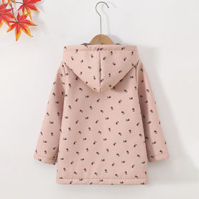 Girls Peach Floral Printed Hooded Jacket Coats & Jackets