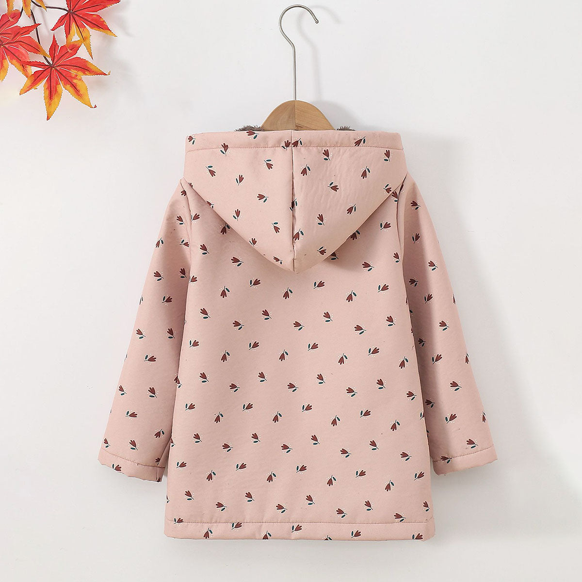 Girls Peach Floral Printed Hooded Jacket Coats & Jackets