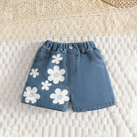 Girls White Sleeveless Crop Top With Floral Printed Denim Shorts Set Sets
