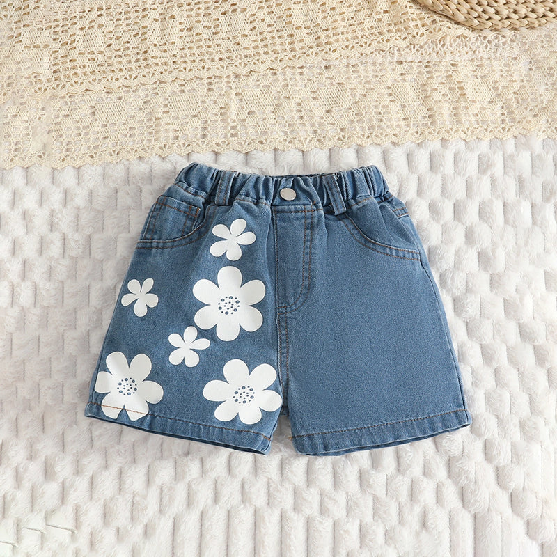 Girls White Sleeveless Crop Top With Floral Printed Denim Shorts Set Sets